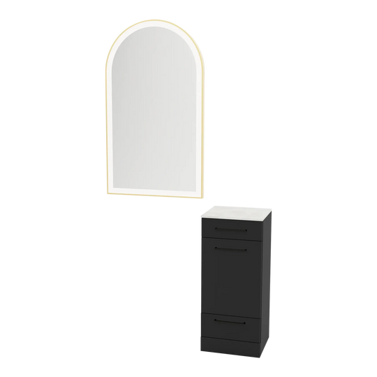 Rococo Mobile Styling Station with Tilt-out Appliance Holder, Solid Surface Countertop, and Gold Arch Paloma Mirror - Kaemark