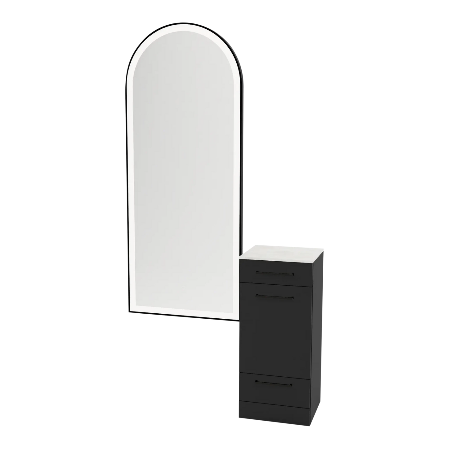 Rococo Mobile Styling Station with Tilt-out Appliance Holder, Solid Surface Countertop, and Black Full-Length Arch Paloma Mirror - Kaemark