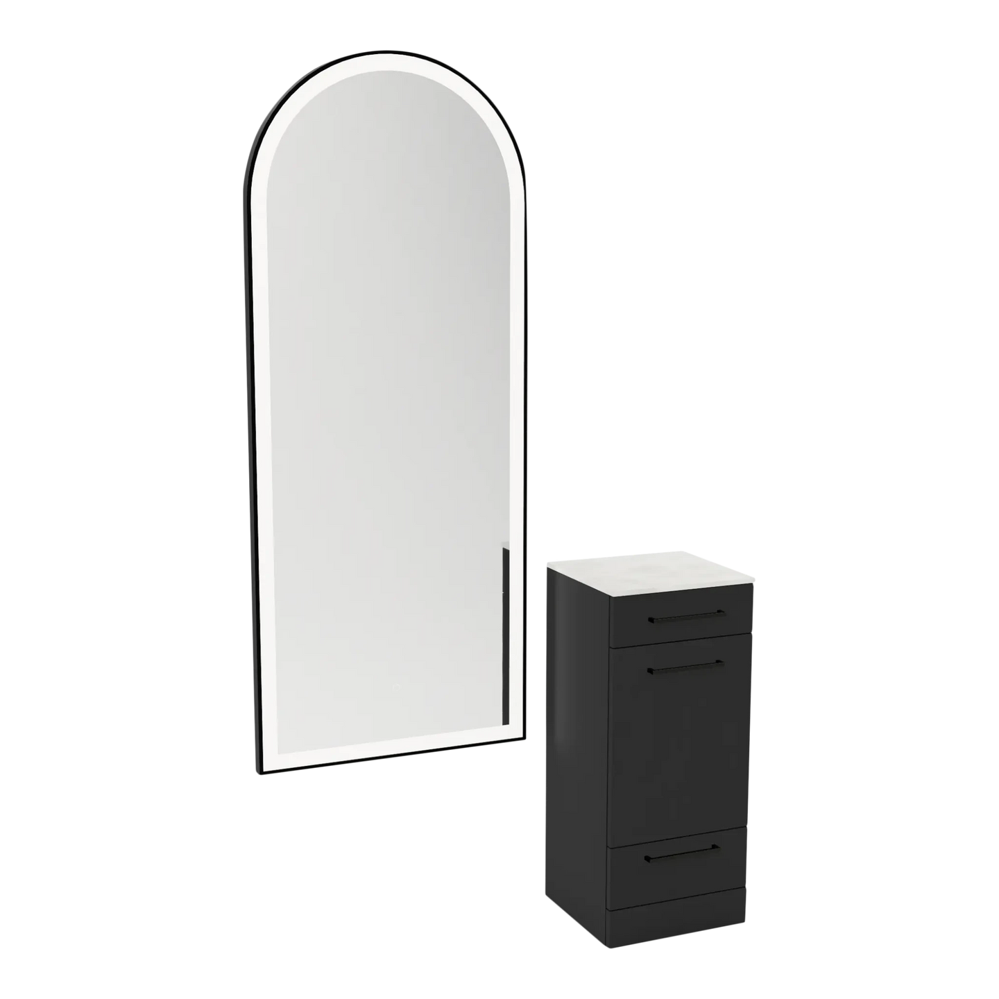 Rococo Mobile Styling Station with Tilt-out Appliance Holder, Solid Surface Countertop, and Black Full-Length Arch Paloma Mirror - Kaemark