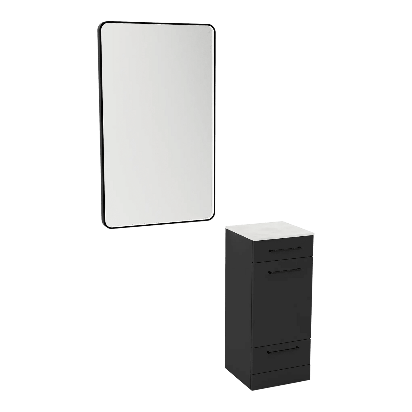 Rococo Mobile Styling Station with Tilt-out Appliance Holder, Solid Surface Countertop, and Black Rectangle Westin Mirror - Kaemark