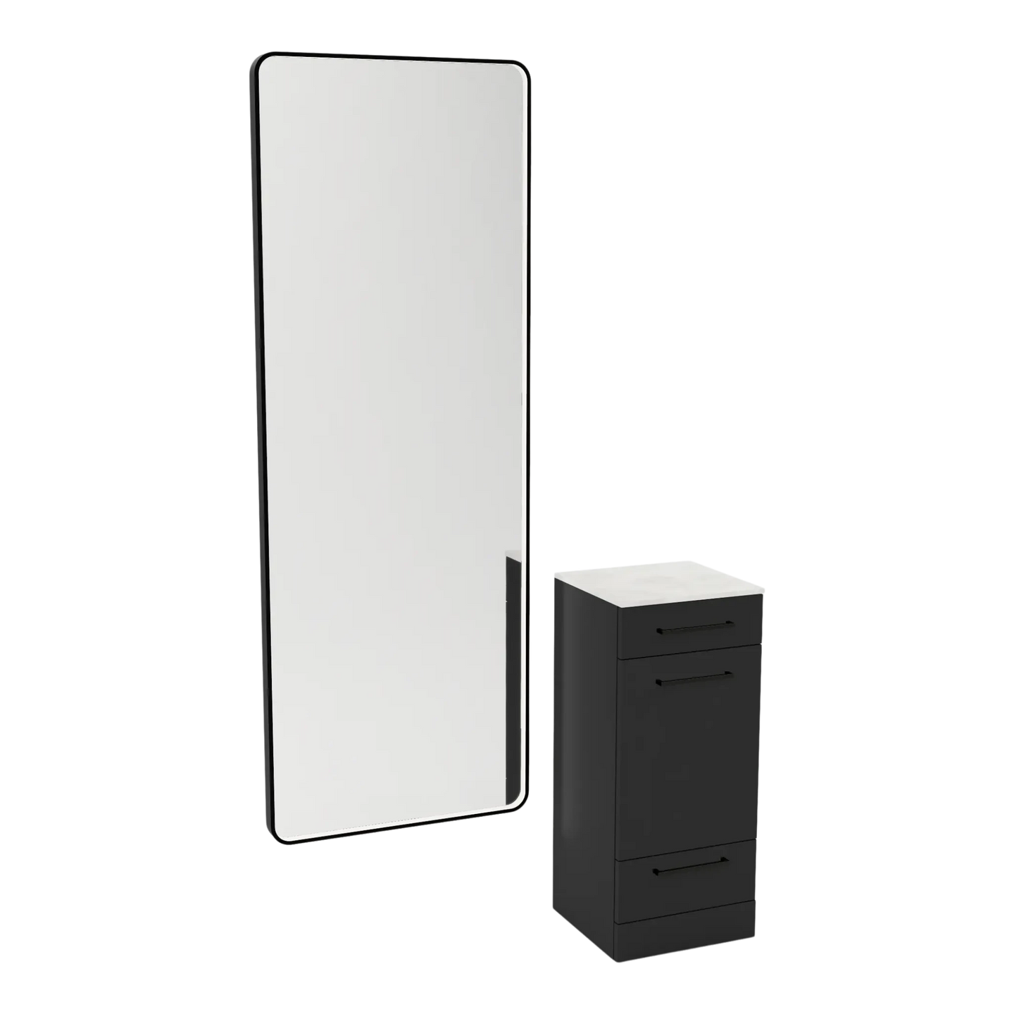 Rococo Mobile Styling Station with Tilt-out Appliance Holder, Solid Surface Countertop, and Black Full-Length Rectangle Westin Mirror - Kaemark