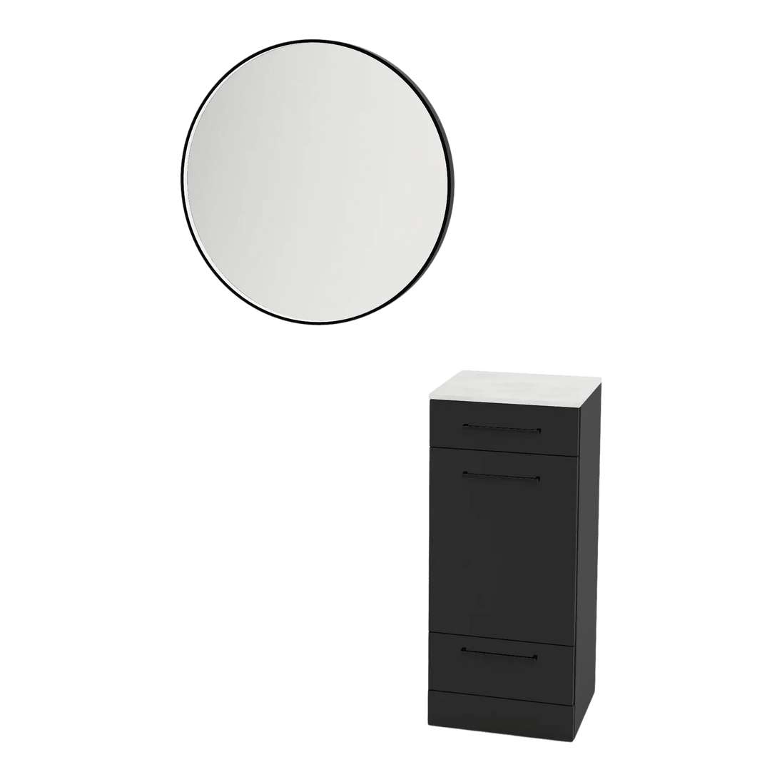 Rococo Mobile Styling Station with Tilt-out Appliance Holder, Solid Surface Countertop, and Black Round Westin Mirror - Kaemark