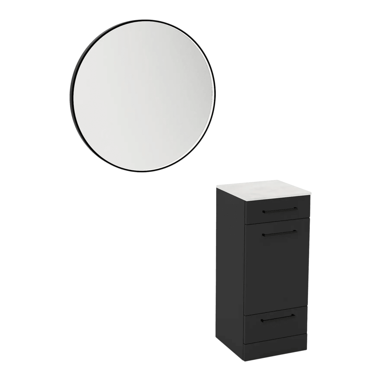 Rococo Mobile Styling Station with Tilt-out Appliance Holder, Solid Surface Countertop, and Black Round Westin Mirror - Kaemark