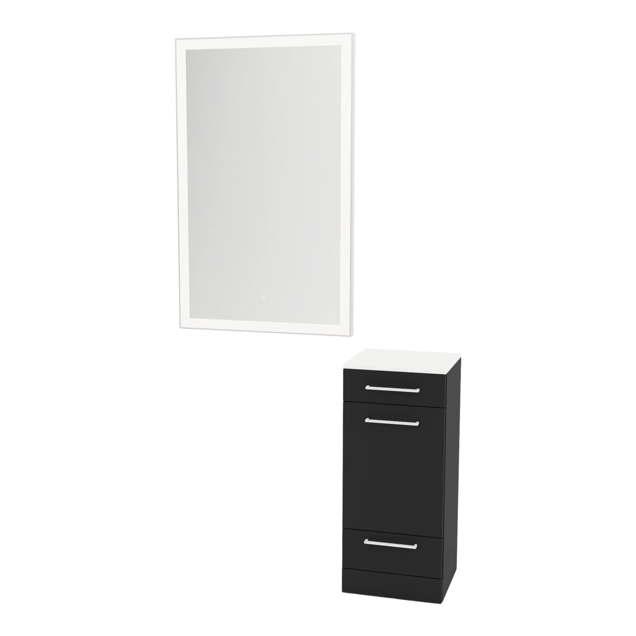 Rococo Mobile Styling Station with Tilt-out Appliance Holder, Solid Surface Countertop, and Silver Rectangle Glo Mirror - Kaemark