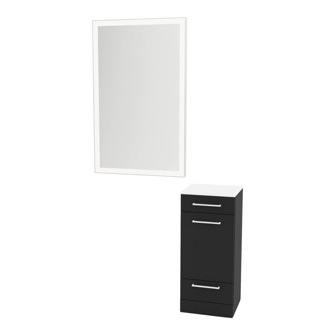 Rococo Mobile Styling Station with Tilt-out Appliance Holder, Solid Surface Countertop, and Silver Rectangle Glo Mirror - Kaemark
