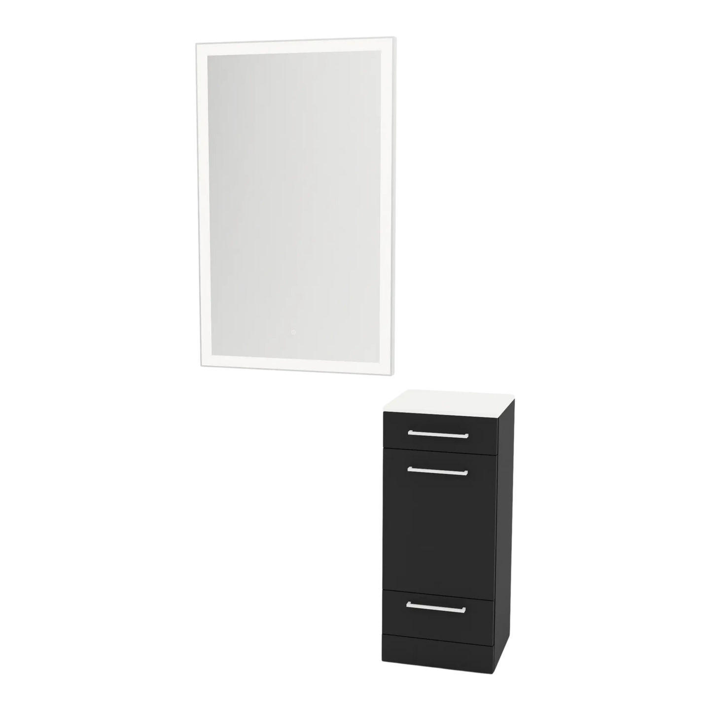 Rococo Mobile Styling Station with Tilt-out Appliance Holder, Solid Surface Countertop, and Silver Rectangle Glo Mirror - Kaemark