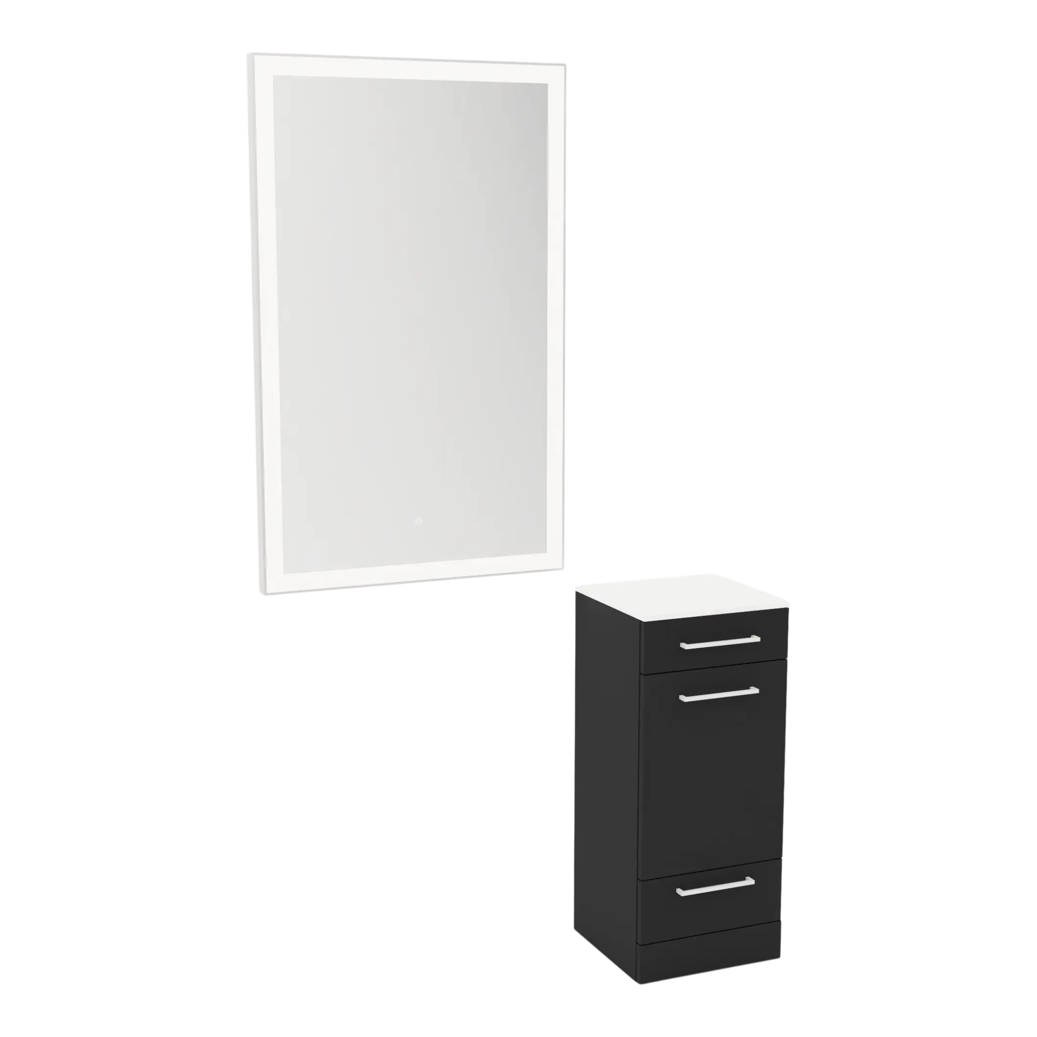 Rococo Mobile Styling Station with Tilt-out Appliance Holder, Solid Surface Countertop, and Silver Rectangle Glo Mirror - Kaemark