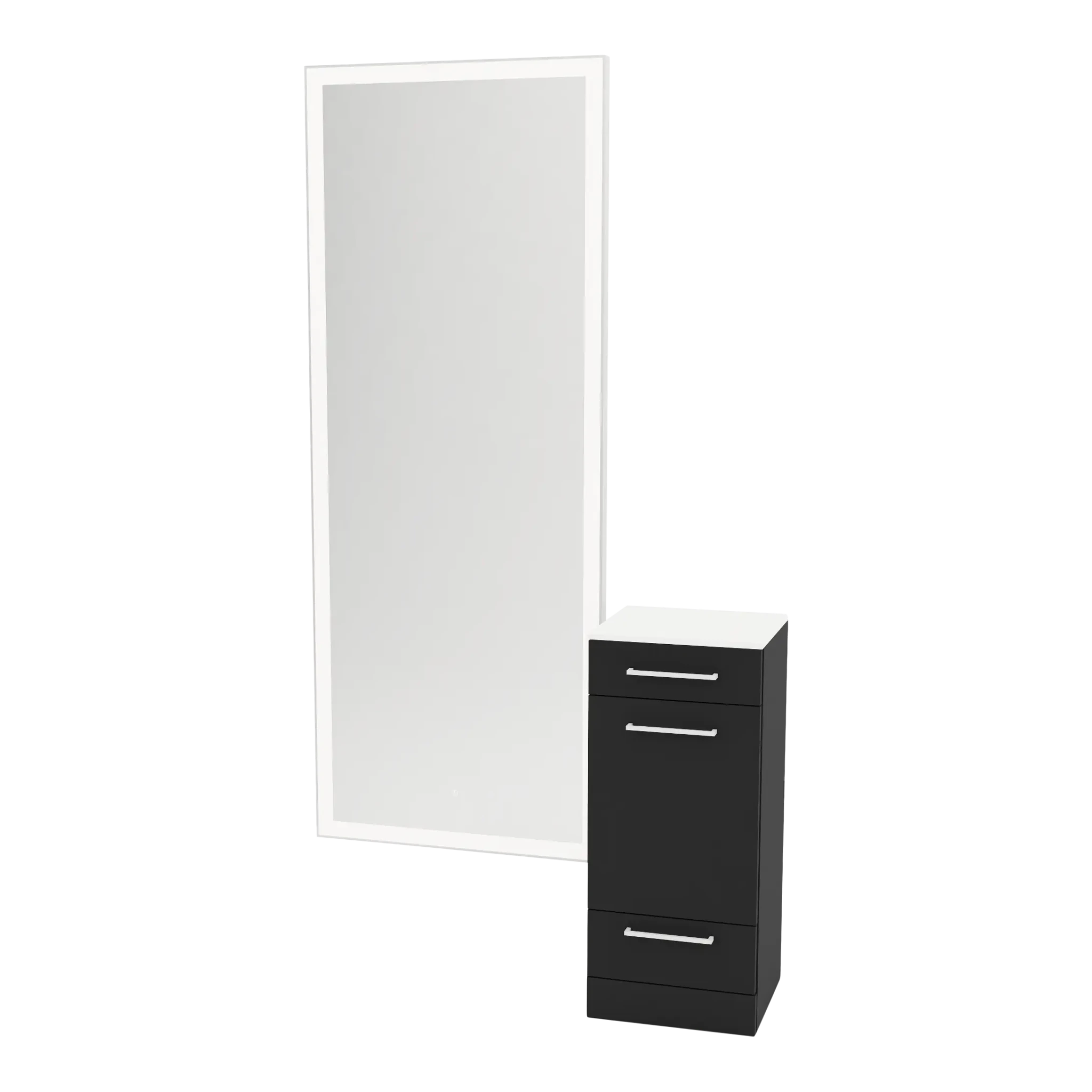 Rococo Mobile Styling Station with Tilt-out Appliance Holder, Solid Surface Countertop, and Silver Full-Length Rectangle Glo Mirror - Kaemark