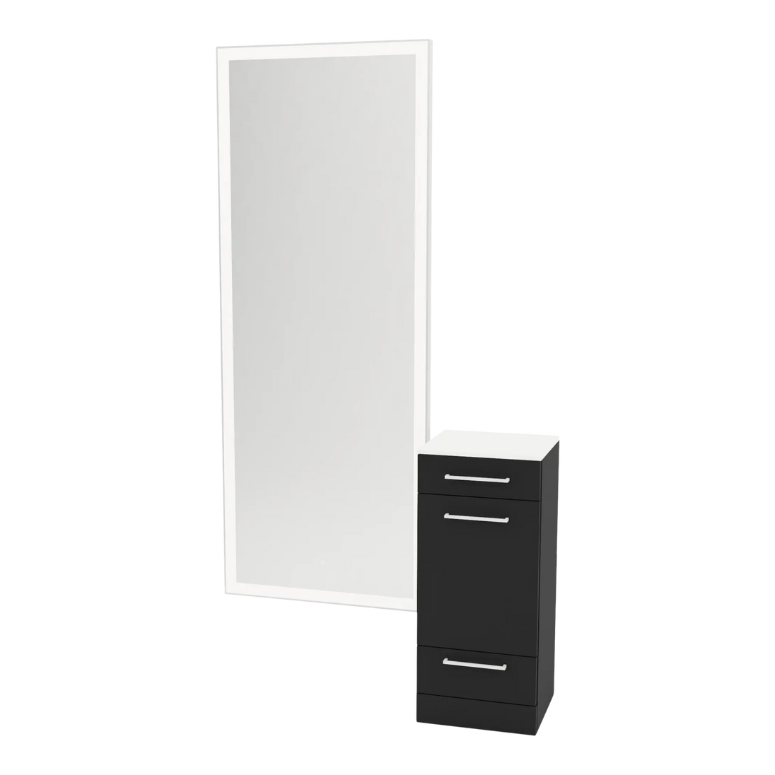 Rococo Mobile Styling Station with Tilt-out Appliance Holder, Solid Surface Countertop, and Silver Full-Length Rectangle Glo Mirror - Kaemark