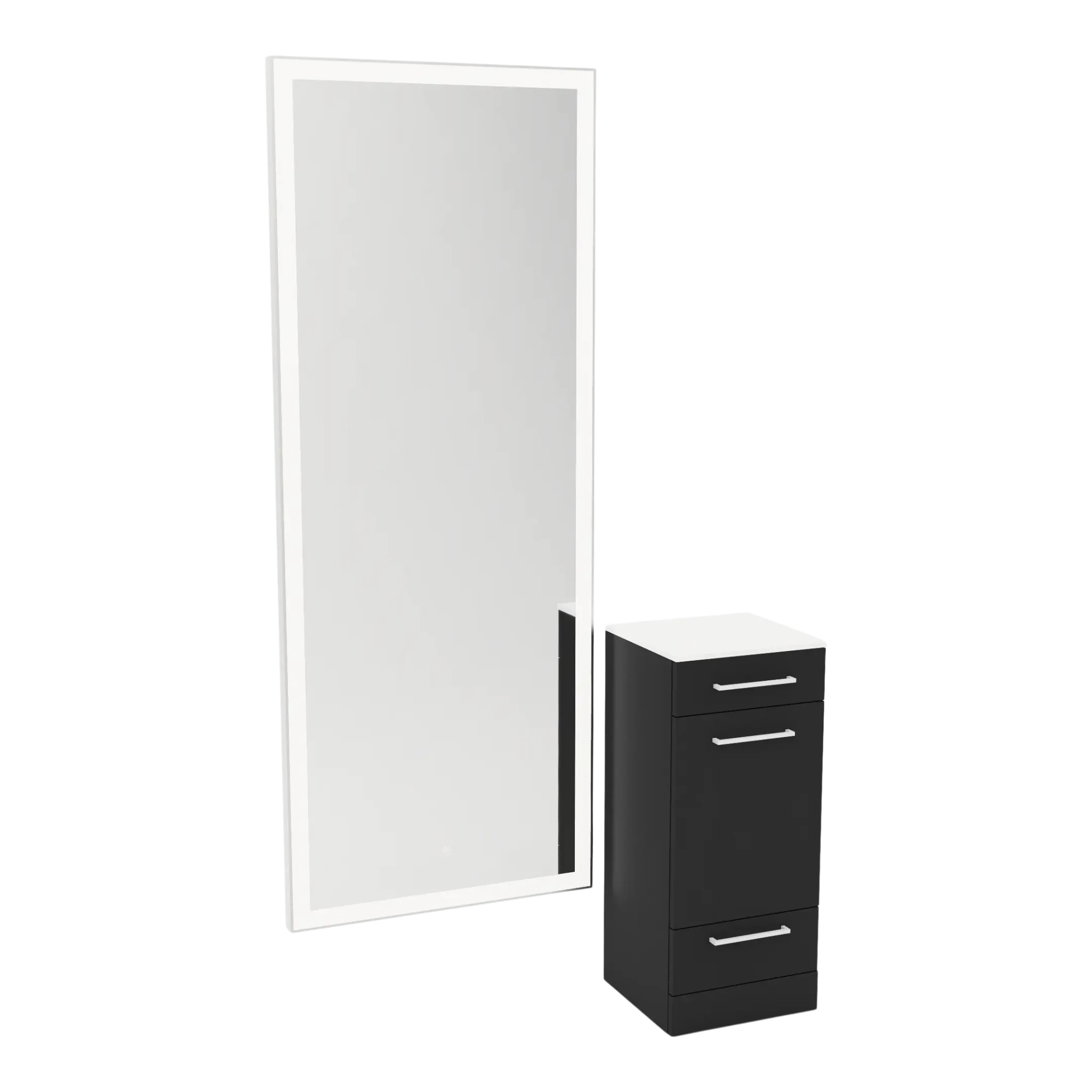 Rococo Mobile Styling Station with Tilt-out Appliance Holder, Solid Surface Countertop, and Silver Full-Length Rectangle Glo Mirror - Kaemark