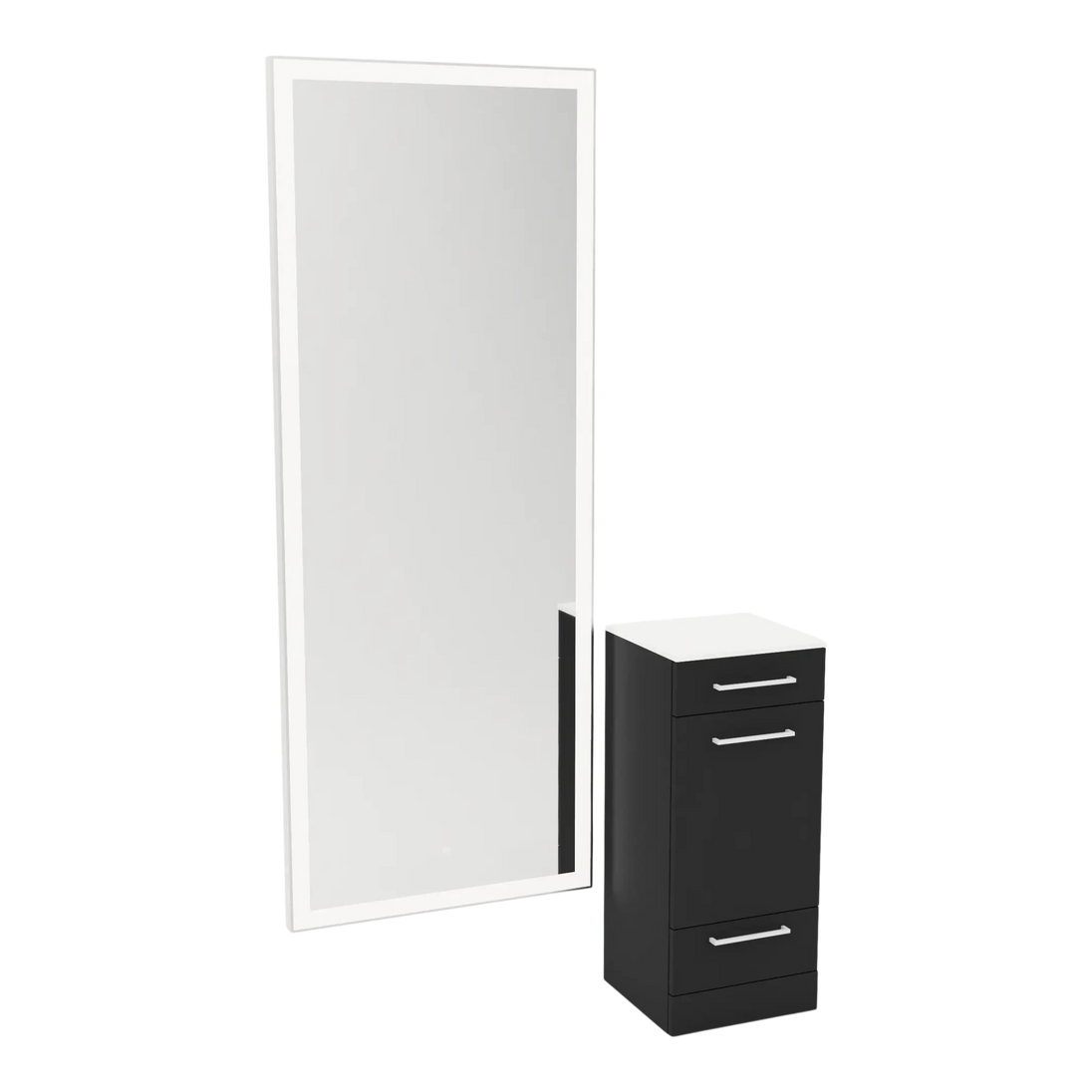 Rococo Mobile Styling Station with Tilt-out Appliance Holder, Solid Surface Countertop, and Silver Full-Length Rectangle Glo Mirror - Kaemark