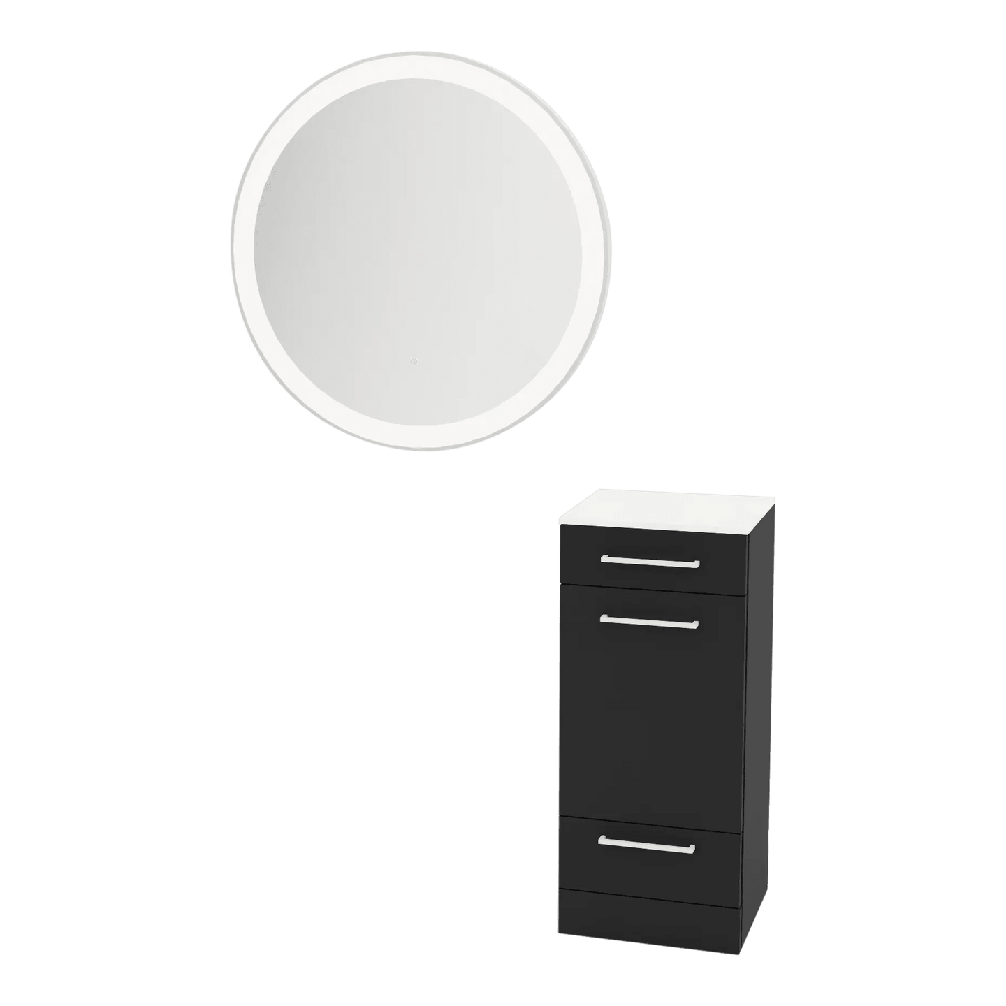 Rococo Mobile Styling Station with Tilt-out Appliance Holder, Solid Surface Countertop, and Silver Round Glo Mirror - Kaemark