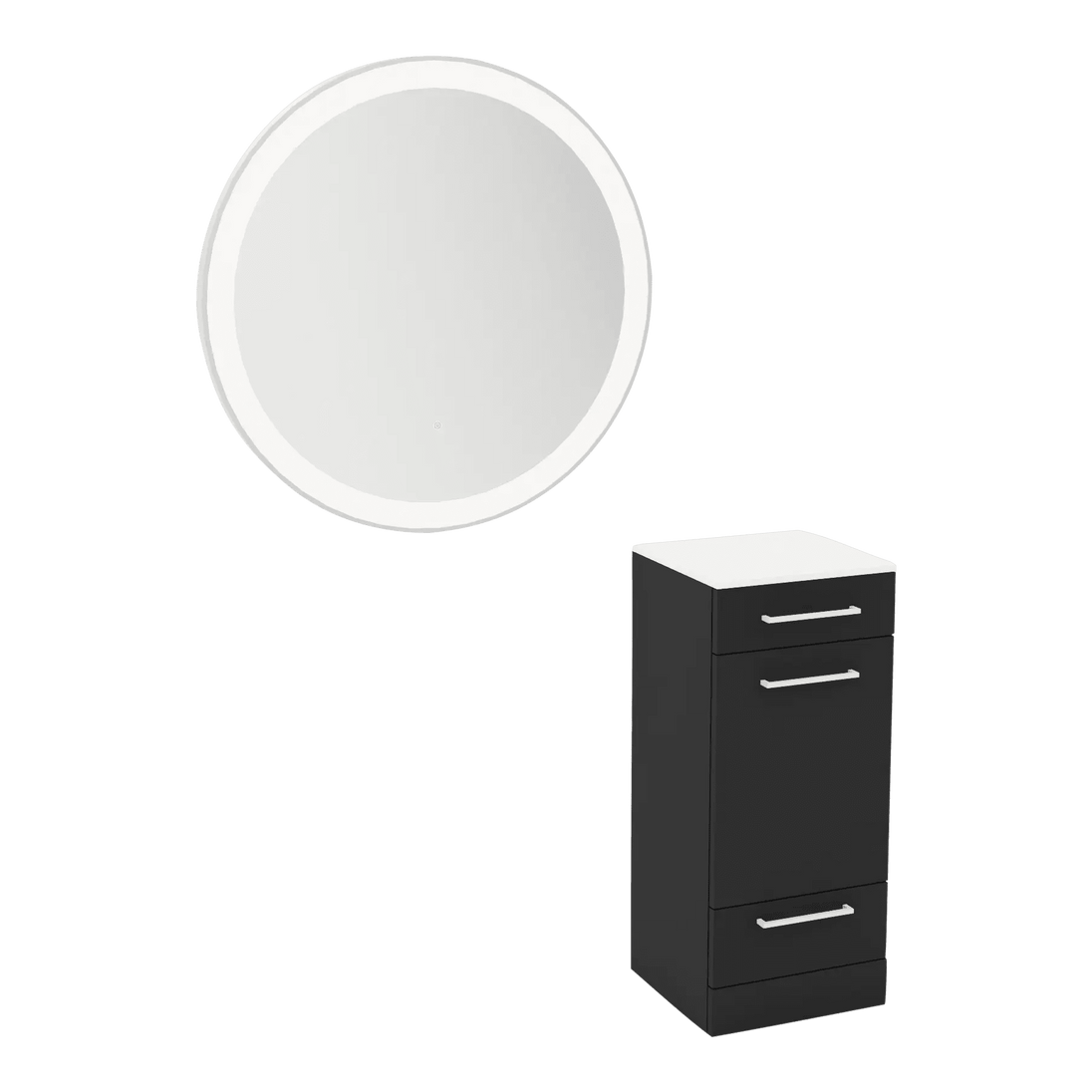 Rococo Mobile Styling Station with Tilt-out Appliance Holder, Solid Surface Countertop, and Silver Round Glo Mirror - Kaemark