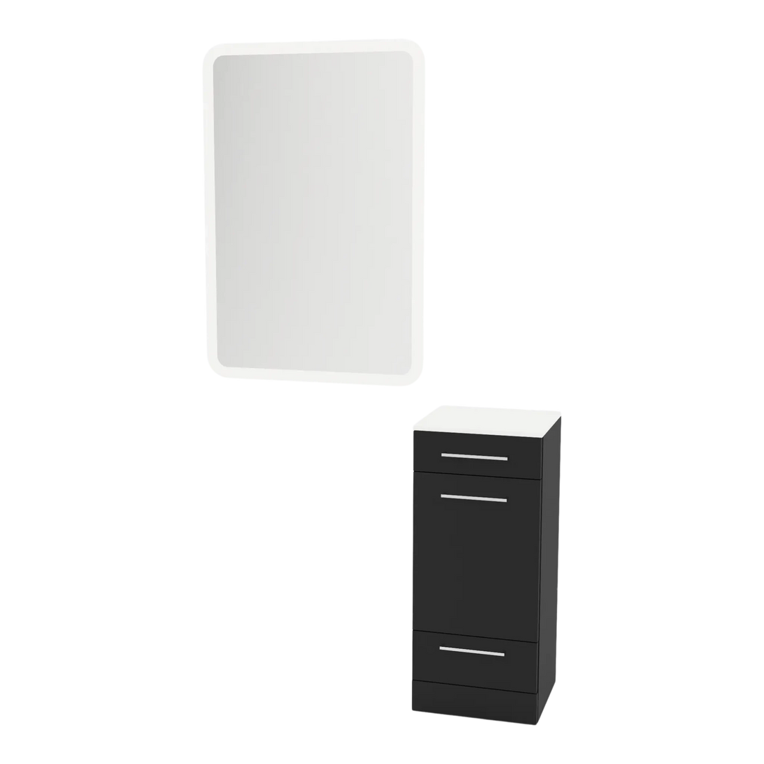 Rococo Mobile Styling Station with Tilt-out Appliance Holder, Solid Surface Countertop, and White Rectangle Illuminate Back Lit Mirror - Kaemark