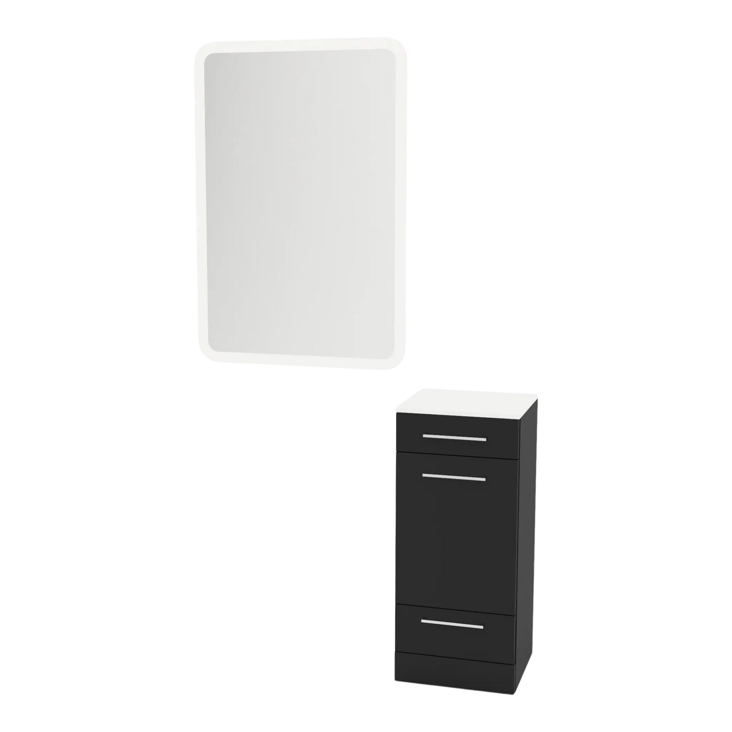 Rococo Mobile Styling Station with Tilt-out Appliance Holder, Solid Surface Countertop, and White Rectangle Illuminate Back Lit Mirror - Kaemark