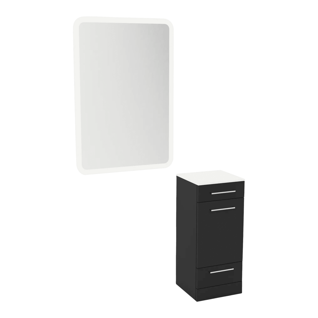 Rococo Mobile Styling Station with Tilt-out Appliance Holder, Solid Surface Countertop, and White Rectangle Illuminate Back Lit Mirror - Kaemark