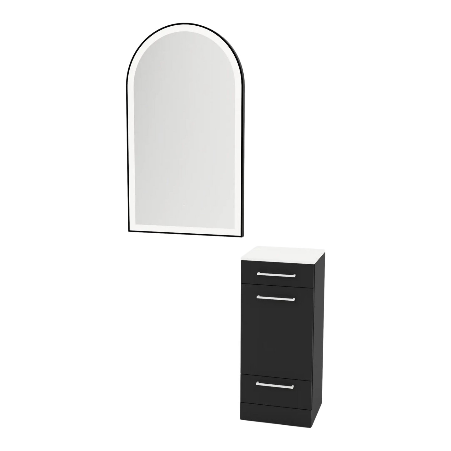 Rococo Mobile Styling Station with Tilt-out Appliance Holder, Solid Surface Countertop, and Black Arch Paloma Mirror - Kaemark