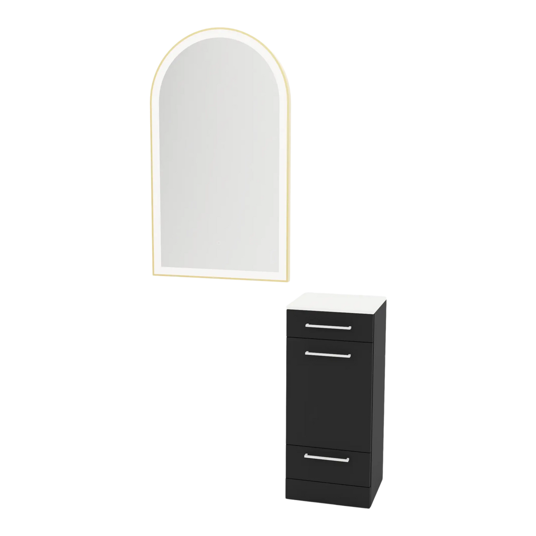 Rococo Mobile Styling Station with Tilt-out Appliance Holder, Solid Surface Countertop, and Gold Arch Paloma Mirror - Kaemark