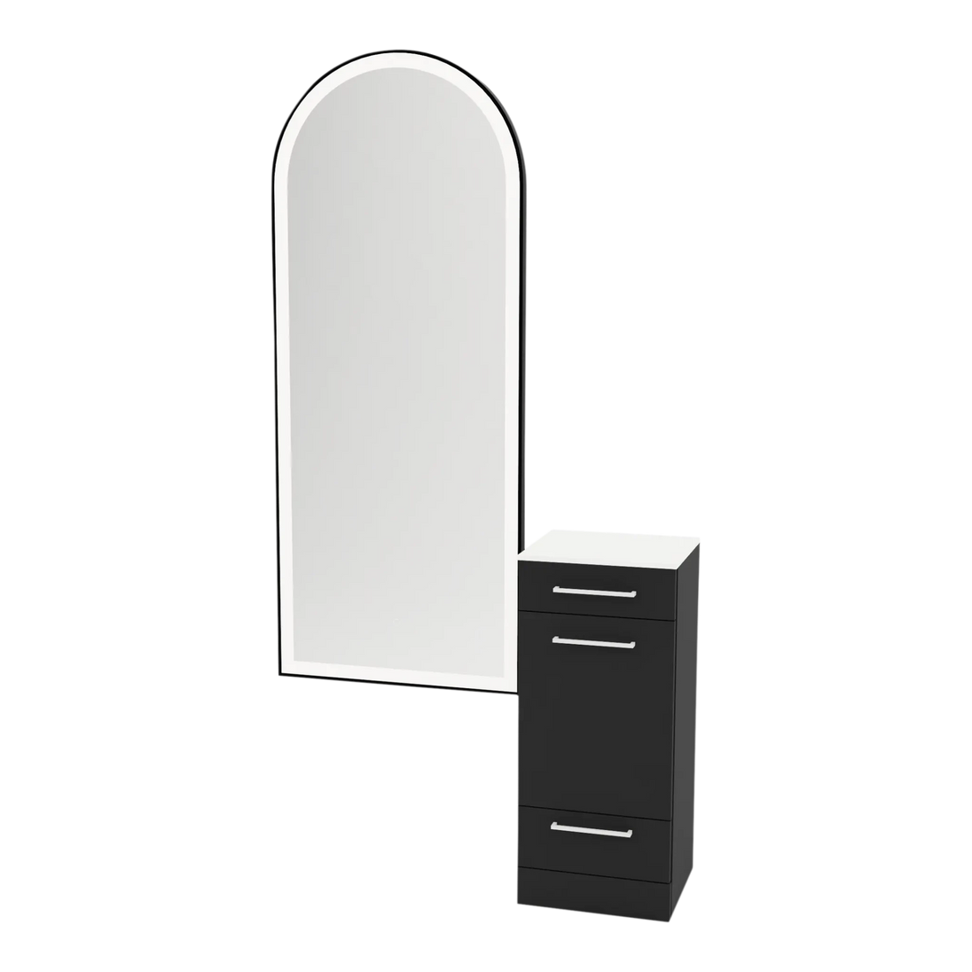 Rococo Mobile Styling Station with Tilt-out Appliance Holder, Solid Surface Countertop, and Black Full-Length Arch Paloma Mirror - Kaemark