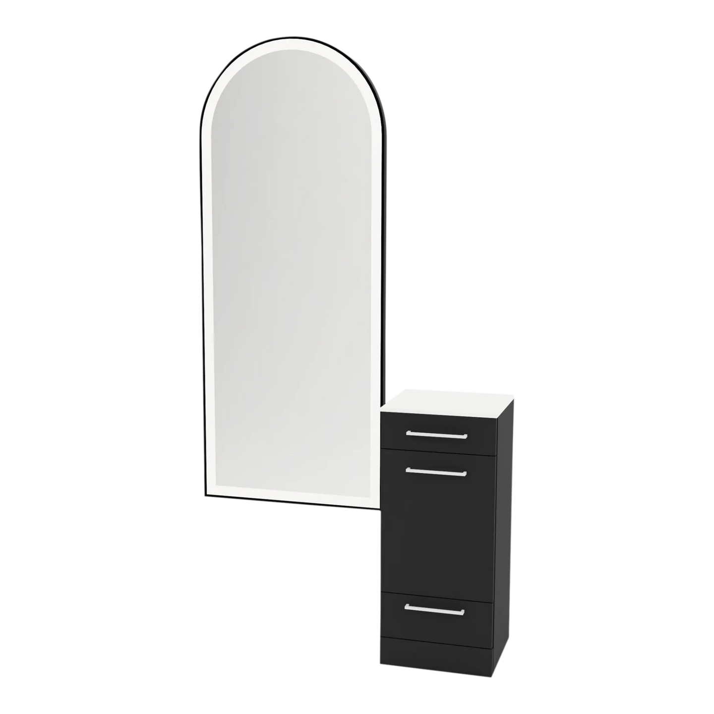 Rococo Mobile Styling Station with Tilt-out Appliance Holder, Solid Surface Countertop, and Black Full-Length Arch Paloma Mirror - Kaemark