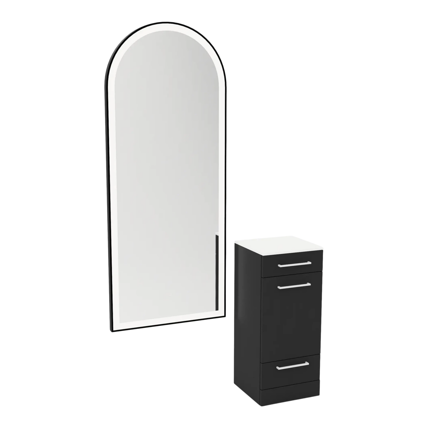 Rococo Mobile Styling Station with Tilt-out Appliance Holder, Solid Surface Countertop, and Black Full-Length Arch Paloma Mirror - Kaemark