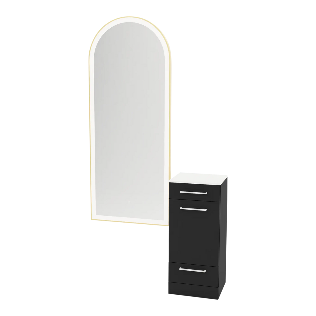 Rococo Mobile Styling Station with Tilt-out Appliance Holder, Solid Surface Countertop, and Gold Full-Length Arch Paloma Mirror - Kaemark