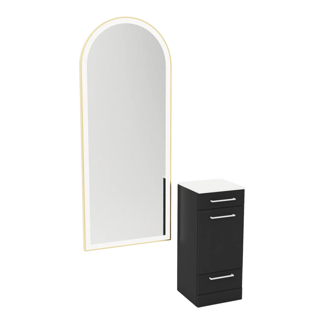 Rococo Mobile Styling Station with Tilt-out Appliance Holder, Solid Surface Countertop, and Gold Full-Length Arch Paloma Mirror - Kaemark