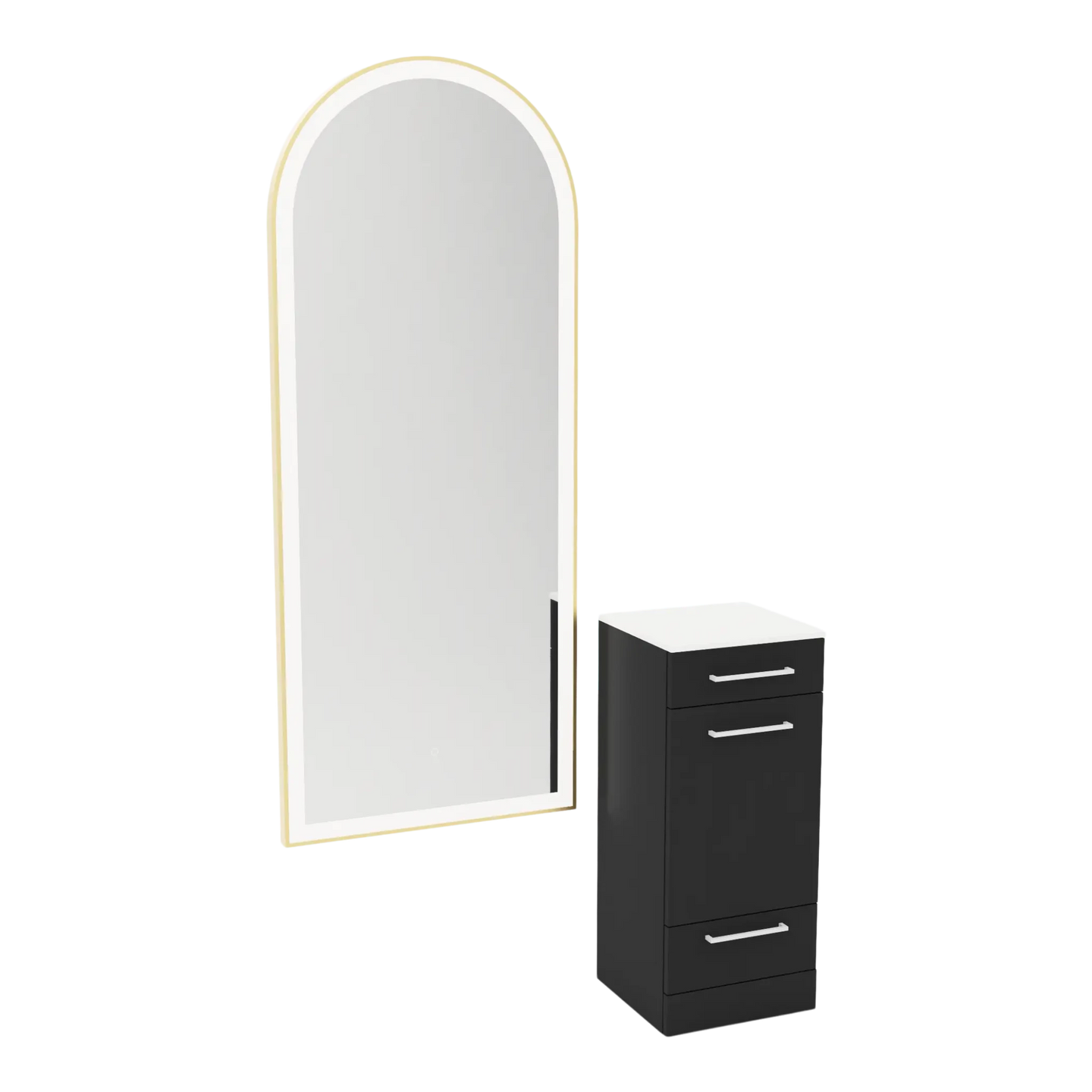 Rococo Mobile Styling Station with Tilt-out Appliance Holder, Solid Surface Countertop, and Gold Full-Length Arch Paloma Mirror - Kaemark