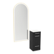 Rococo Mobile Styling Station with Tilt-out Appliance Holder, Solid Surface Countertop, and Gold Full-Length Arch Paloma Mirror - Kaemark