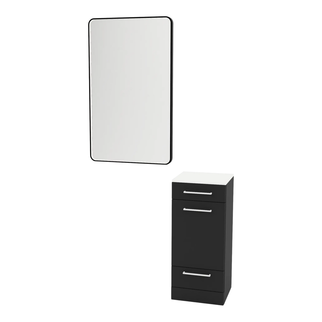 Rococo Mobile Styling Station with Tilt-out Appliance Holder, Solid Surface Countertop, and Black Rectangle Westin Mirror - Kaemark