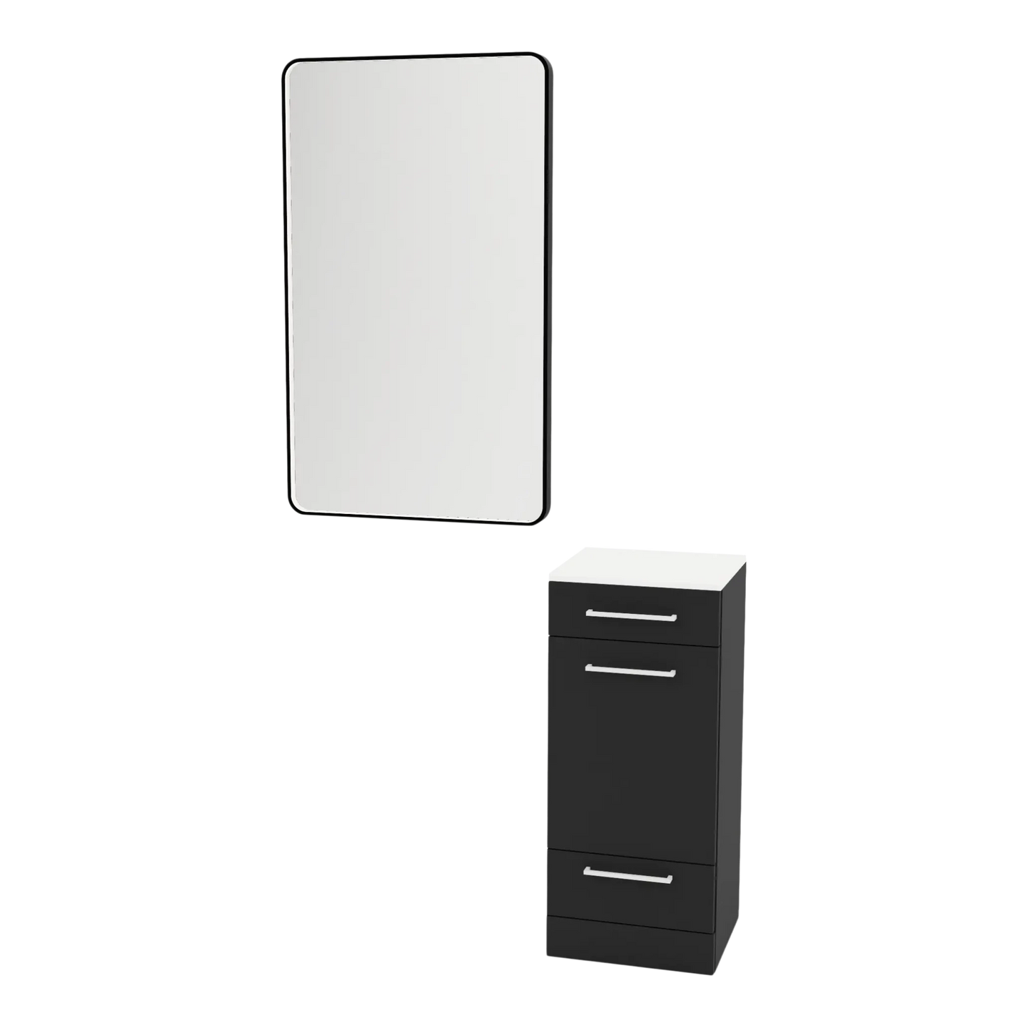 Rococo Mobile Styling Station with Tilt-out Appliance Holder, Solid Surface Countertop, and Black Rectangle Westin Mirror - Kaemark