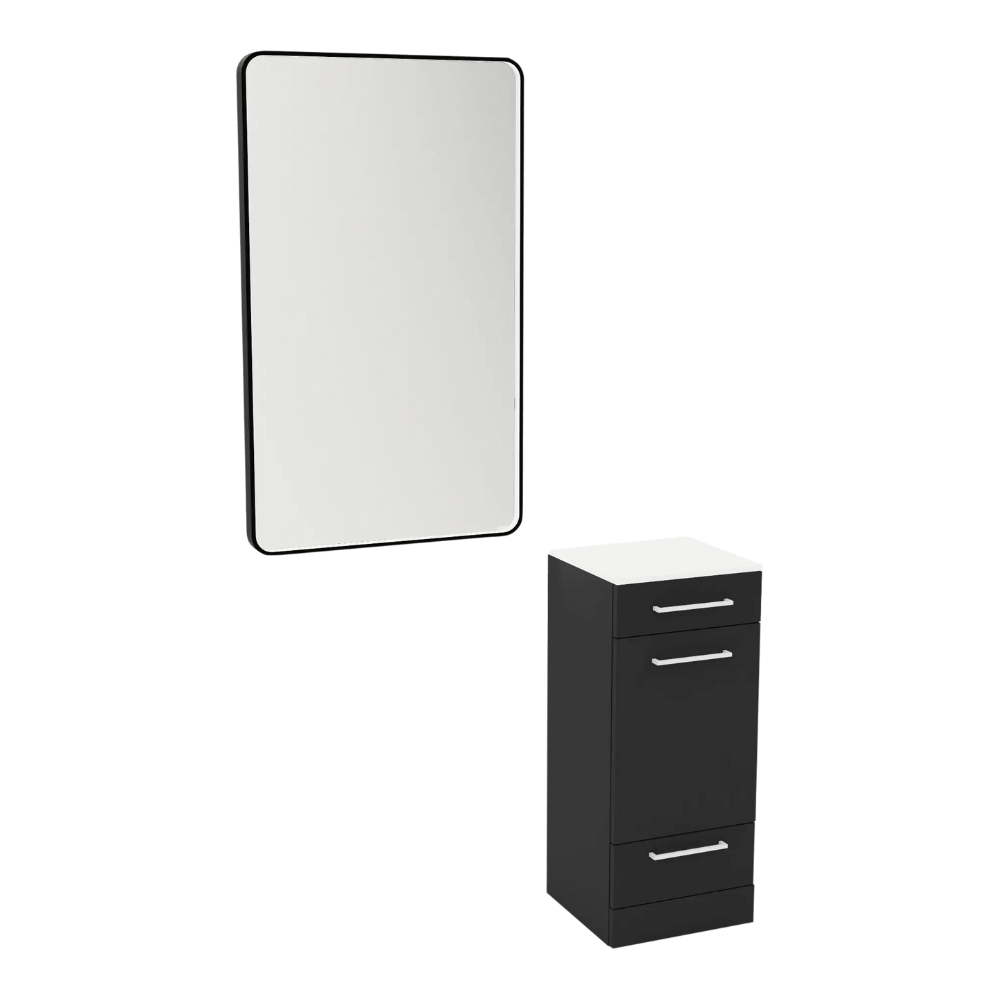 Rococo Mobile Styling Station with Tilt-out Appliance Holder, Solid Surface Countertop, and Black Rectangle Westin Mirror - Kaemark