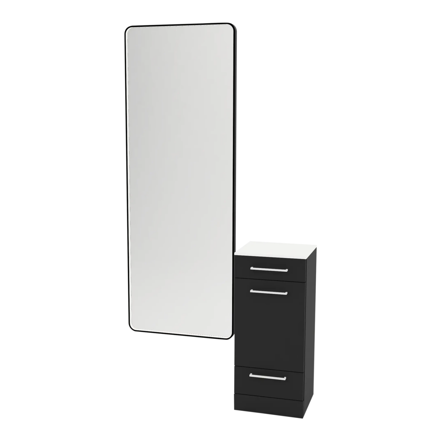 Rococo Mobile Styling Station with Tilt-out Appliance Holder, Solid Surface Countertop, and Black Full-Length Rectangle Westin Mirror - Kaemark