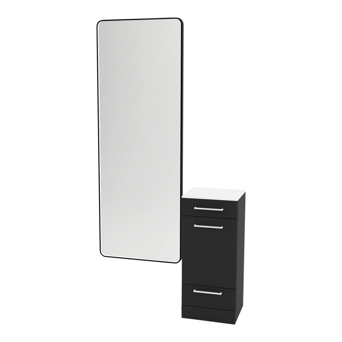 Rococo Mobile Styling Station with Tilt-out Appliance Holder, Solid Surface Countertop, and Black Full-Length Rectangle Westin Mirror - Kaemark