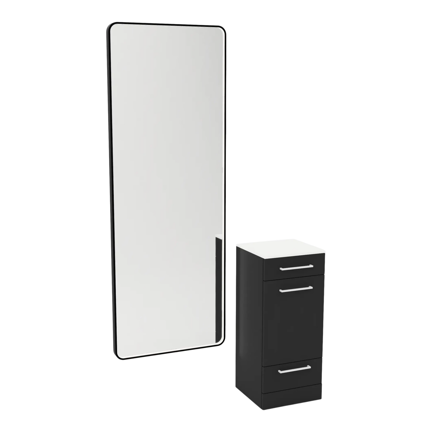 Rococo Mobile Styling Station with Tilt-out Appliance Holder, Solid Surface Countertop, and Black Full-Length Rectangle Westin Mirror - Kaemark
