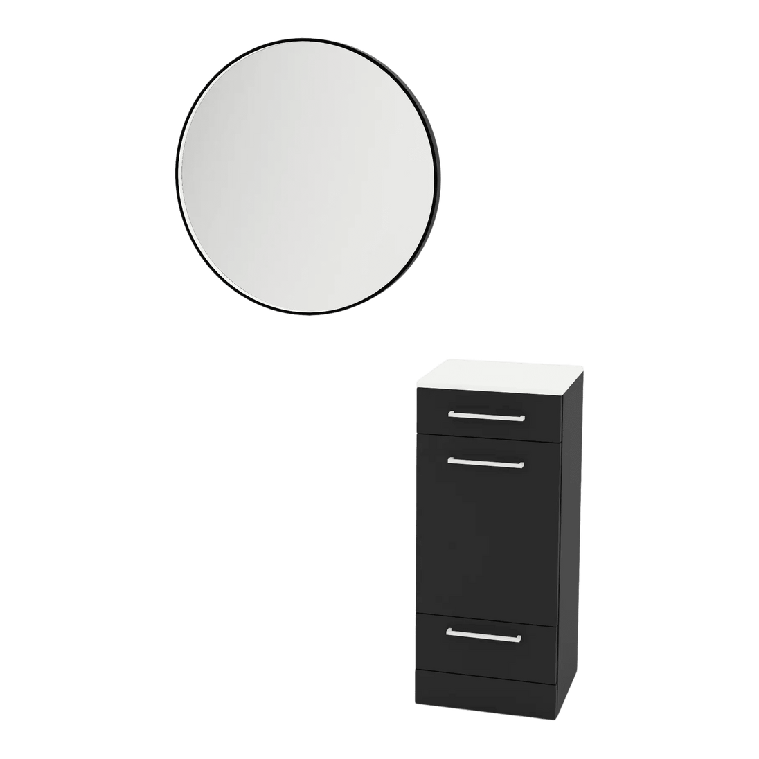 Rococo Mobile Styling Station with Tilt-out Appliance Holder, Solid Surface Countertop, and Black Round Westin Mirror - Kaemark