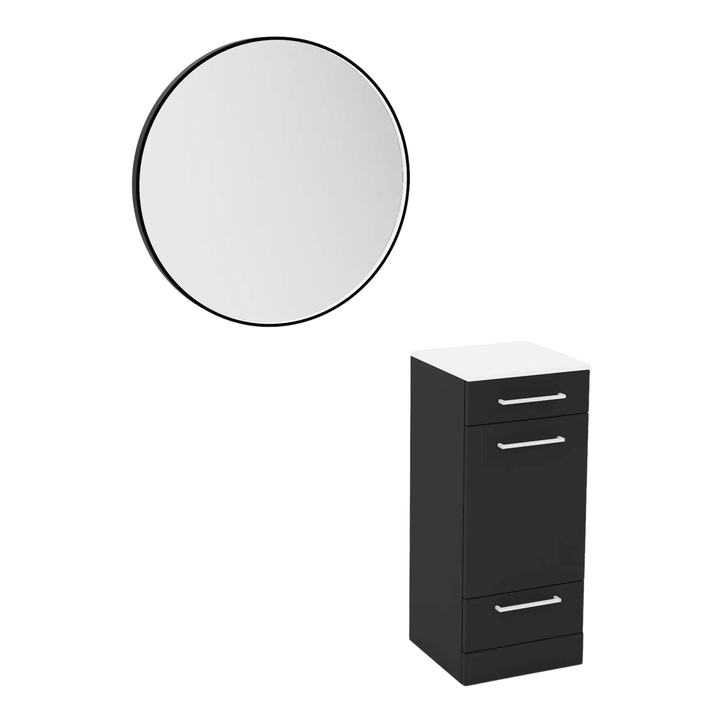 Rococo Mobile Styling Station with Tilt-out Appliance Holder, Solid Surface Countertop, and Black Round Westin Mirror - Kaemark