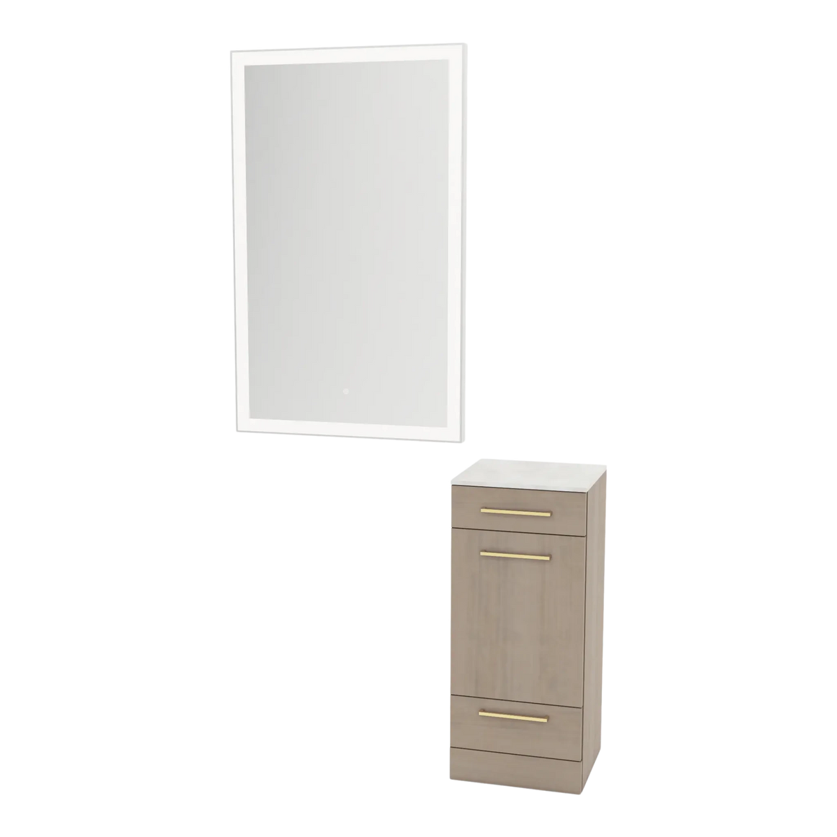 Rococo Mobile Styling Station with Tilt-out Appliance Holder, Solid Surface Countertop, and Silver Rectangle Glo Mirror - Kaemark