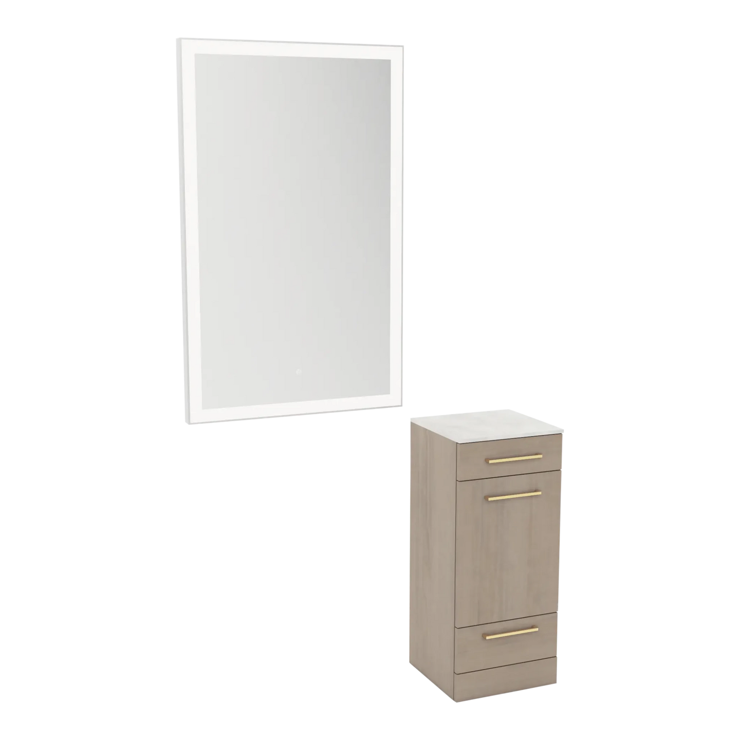 Rococo Mobile Styling Station with Tilt-out Appliance Holder, Solid Surface Countertop, and Silver Rectangle Glo Mirror - Kaemark