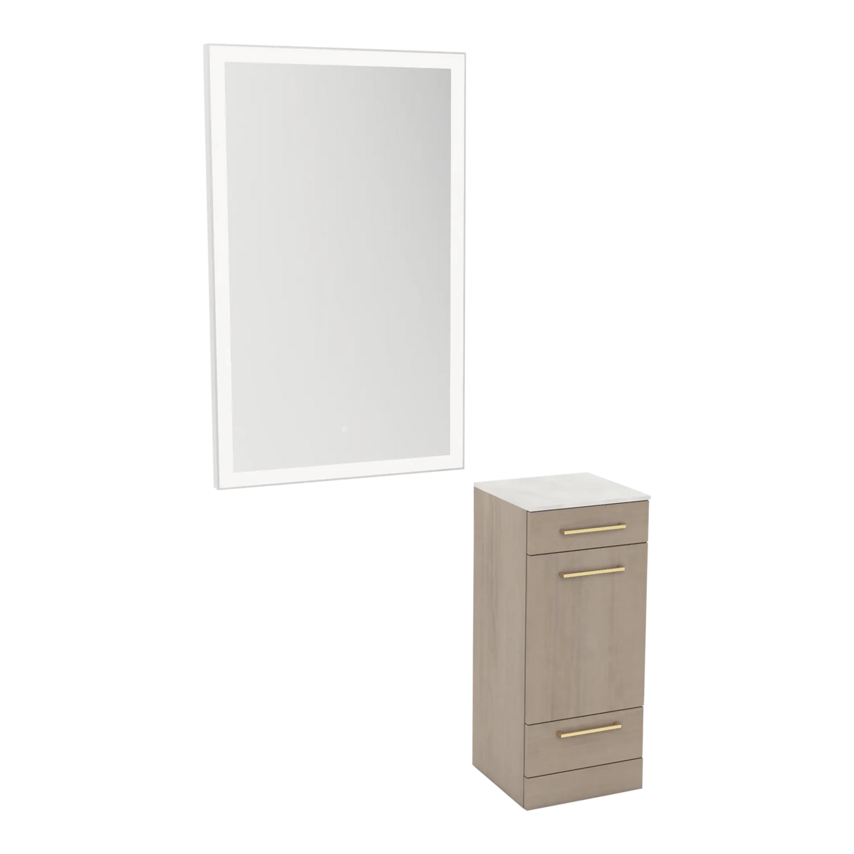 Rococo Mobile Styling Station with Tilt-out Appliance Holder, Solid Surface Countertop, and Silver Rectangle Glo Mirror - Kaemark