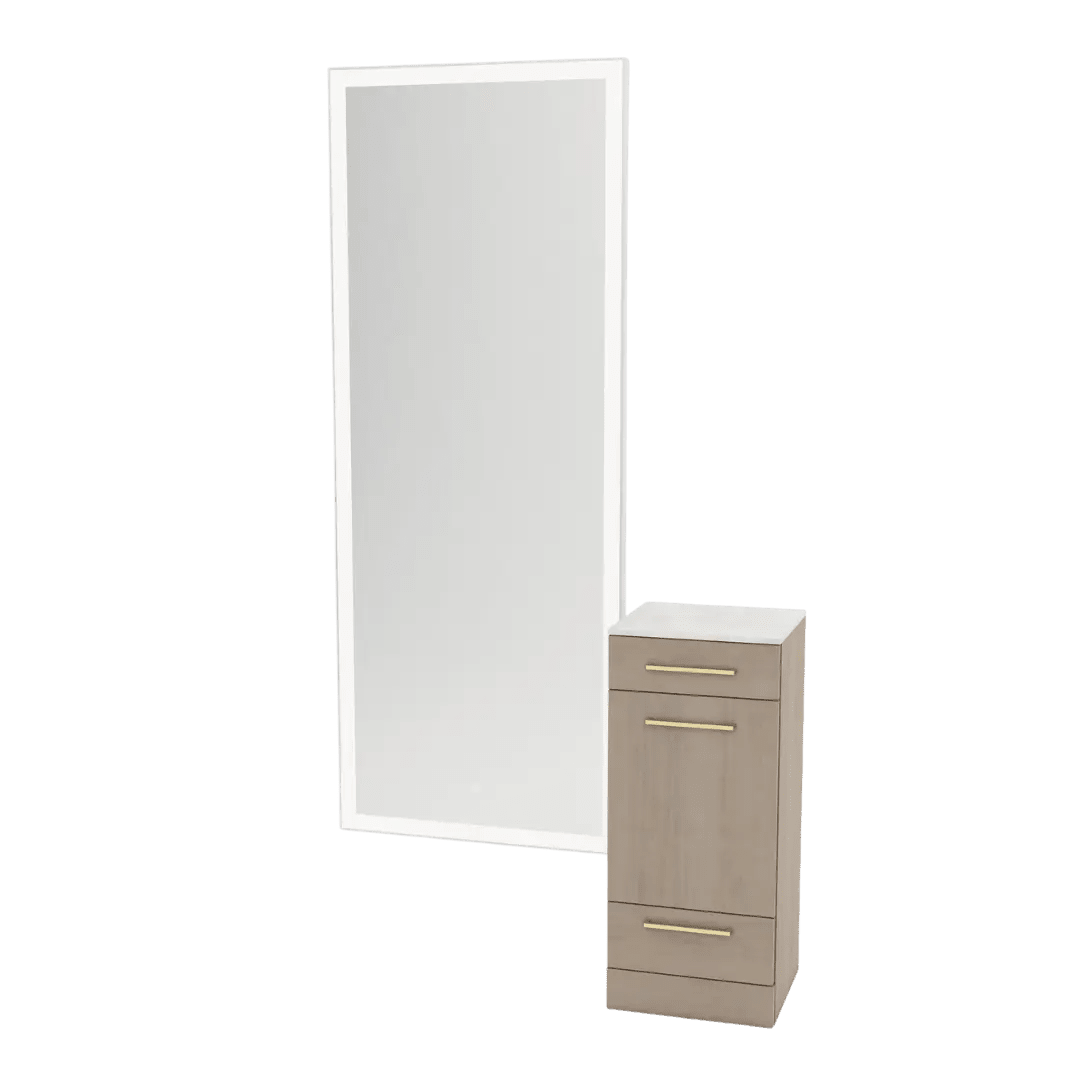 Rococo Mobile Styling Station with Tilt-out Appliance Holder, Solid Surface Countertop, and Silver Full-Length Rectangle Glo Mirror - Kaemark