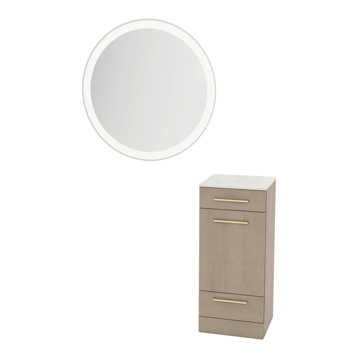 Rococo Mobile Styling Station with Tilt-out Appliance Holder, Solid Surface Countertop, and Silver Round Glo Mirror - Kaemark