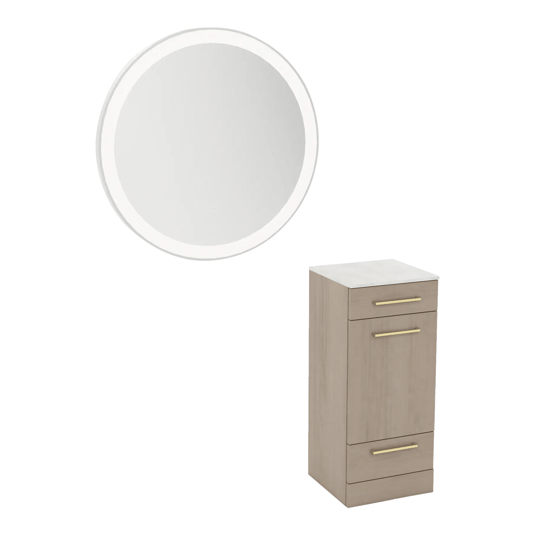 Rococo Mobile Styling Station with Tilt-out Appliance Holder, Solid Surface Countertop, and Silver Round Glo Mirror - Kaemark