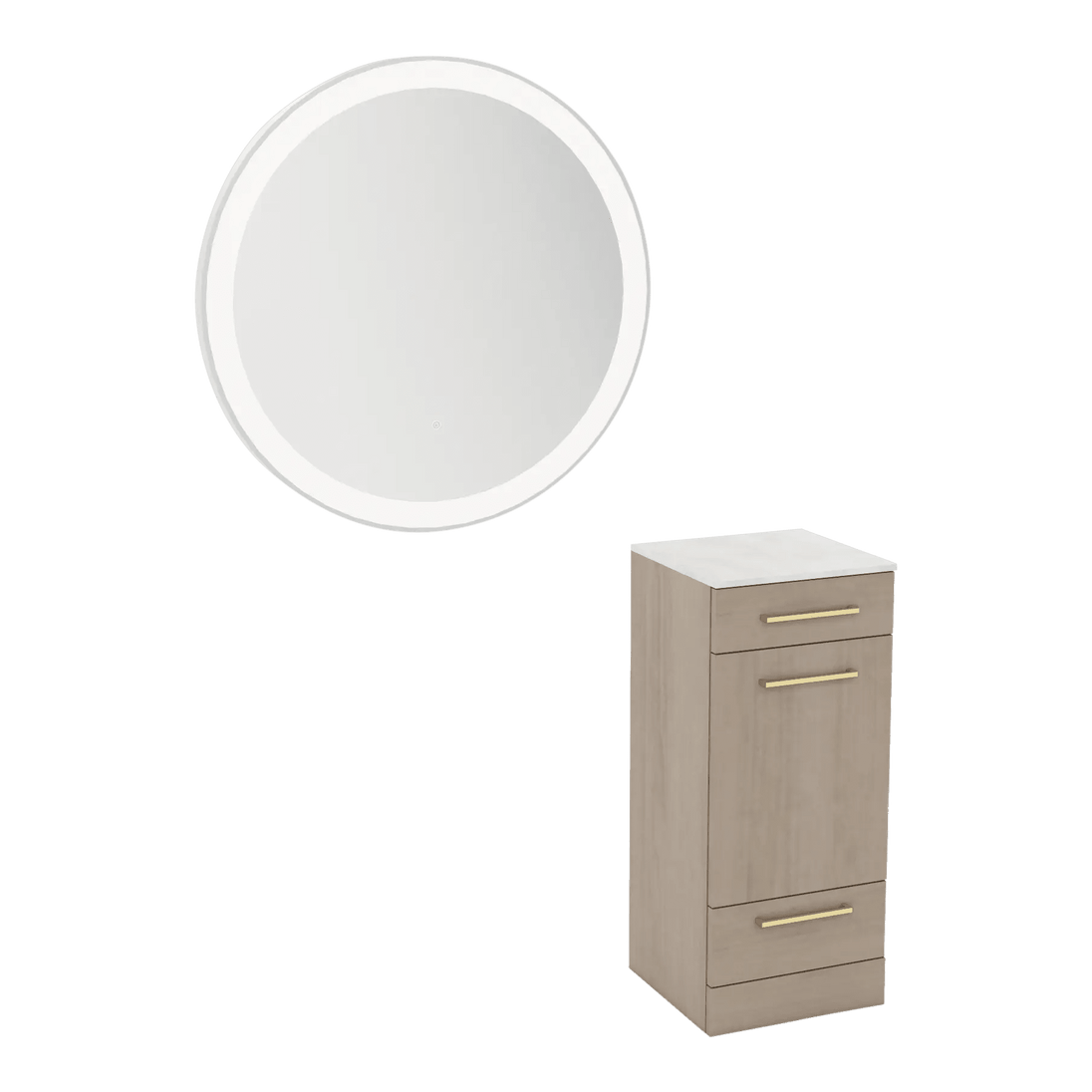 Rococo Mobile Styling Station with Tilt-out Appliance Holder, Solid Surface Countertop, and Silver Round Glo Mirror - Kaemark
