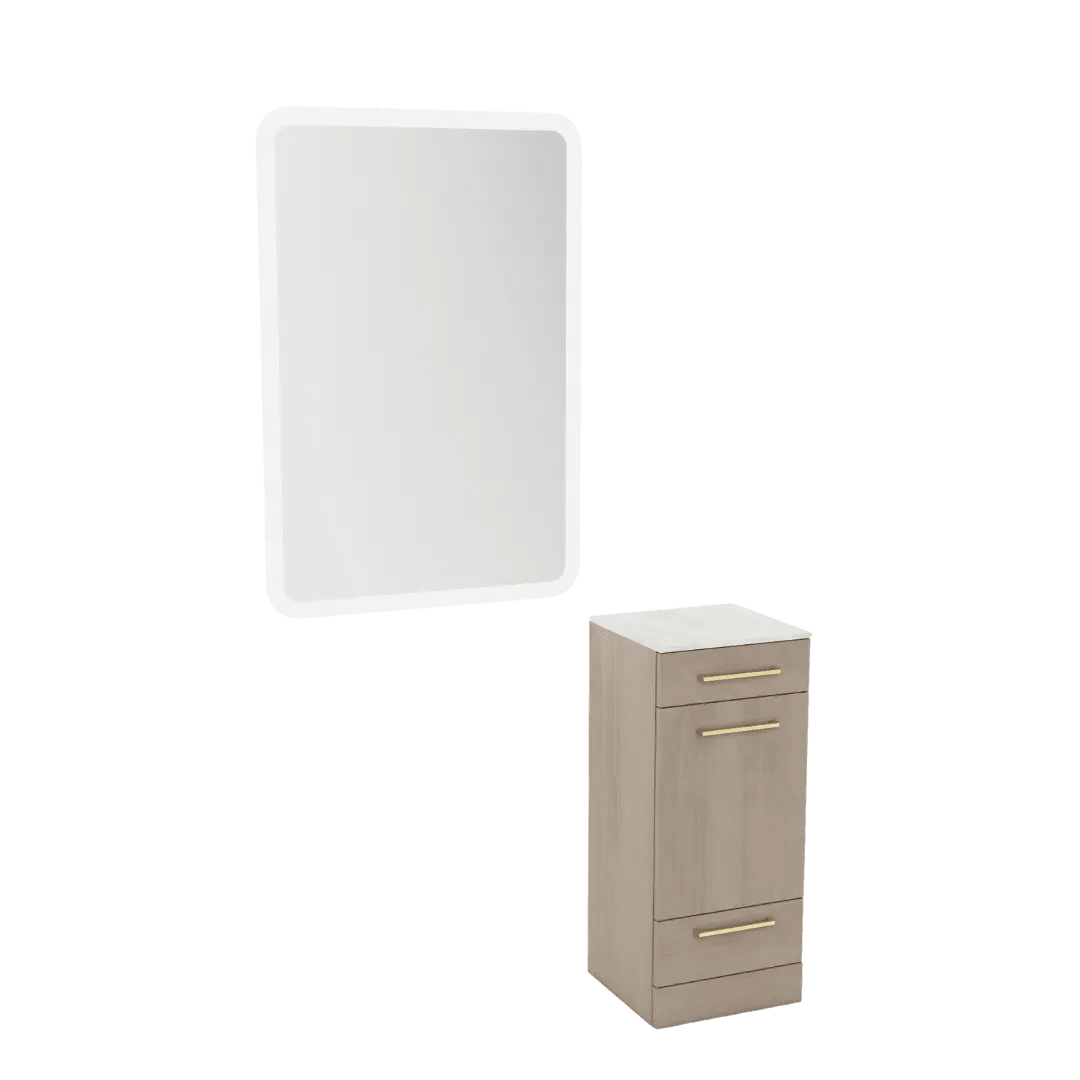 Rococo Mobile Styling Station with Tilt-out Appliance Holder, Solid Surface Countertop, and White Rectangle Illuminate Back Lit Mirror - Kaemark