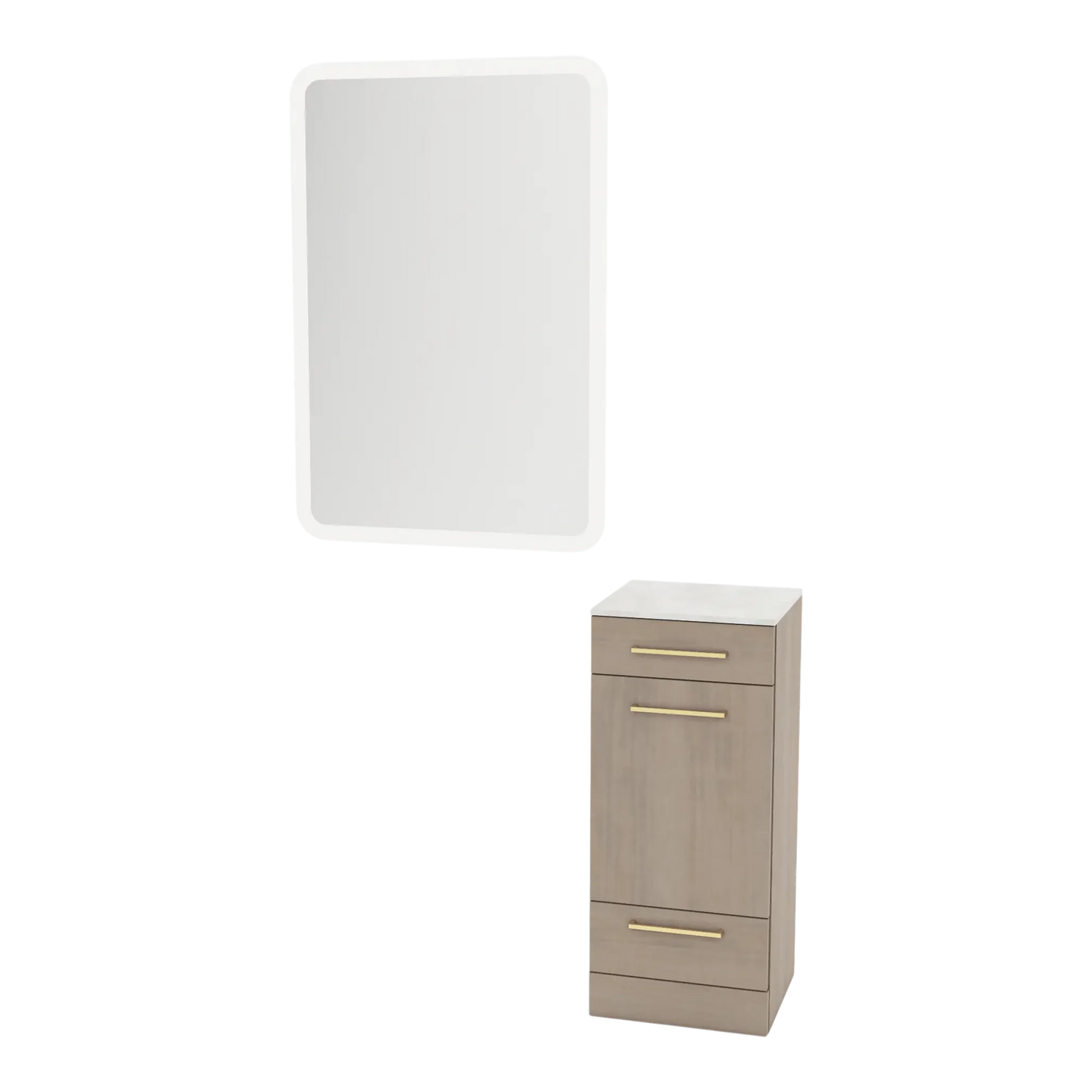 Rococo Mobile Styling Station with Tilt-out Appliance Holder, Solid Surface Countertop, and White Rectangle Illuminate Back Lit Mirror - Kaemark