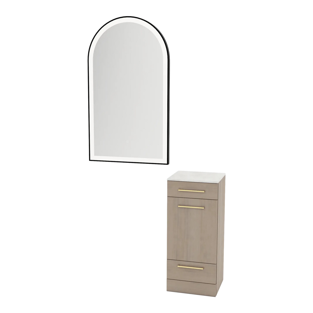 Rococo Mobile Styling Station with Tilt-out Appliance Holder, Solid Surface Countertop, and Black Arch Paloma Mirror - Kaemark