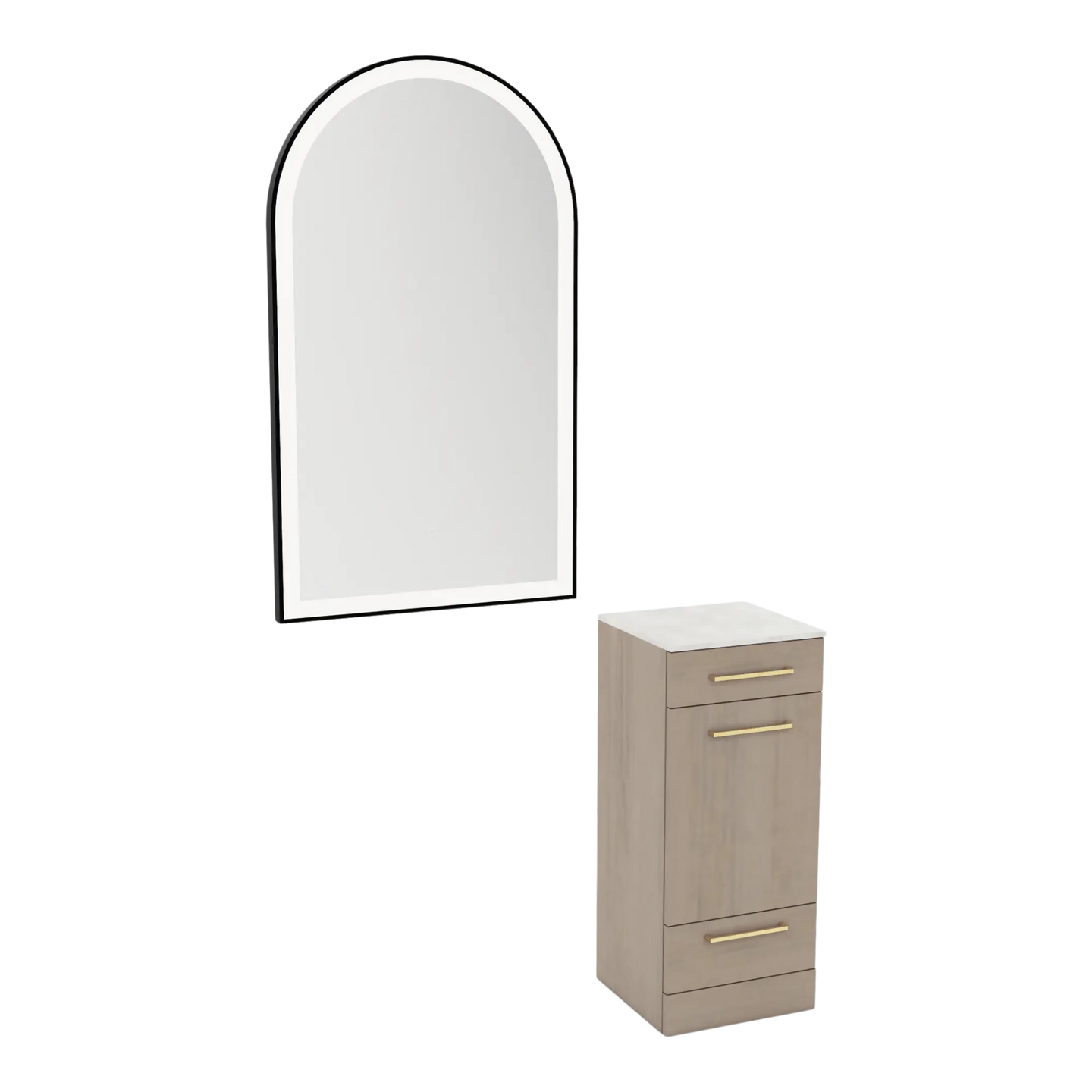 Rococo Mobile Styling Station with Tilt-out Appliance Holder, Solid Surface Countertop, and Black Arch Paloma Mirror - Kaemark