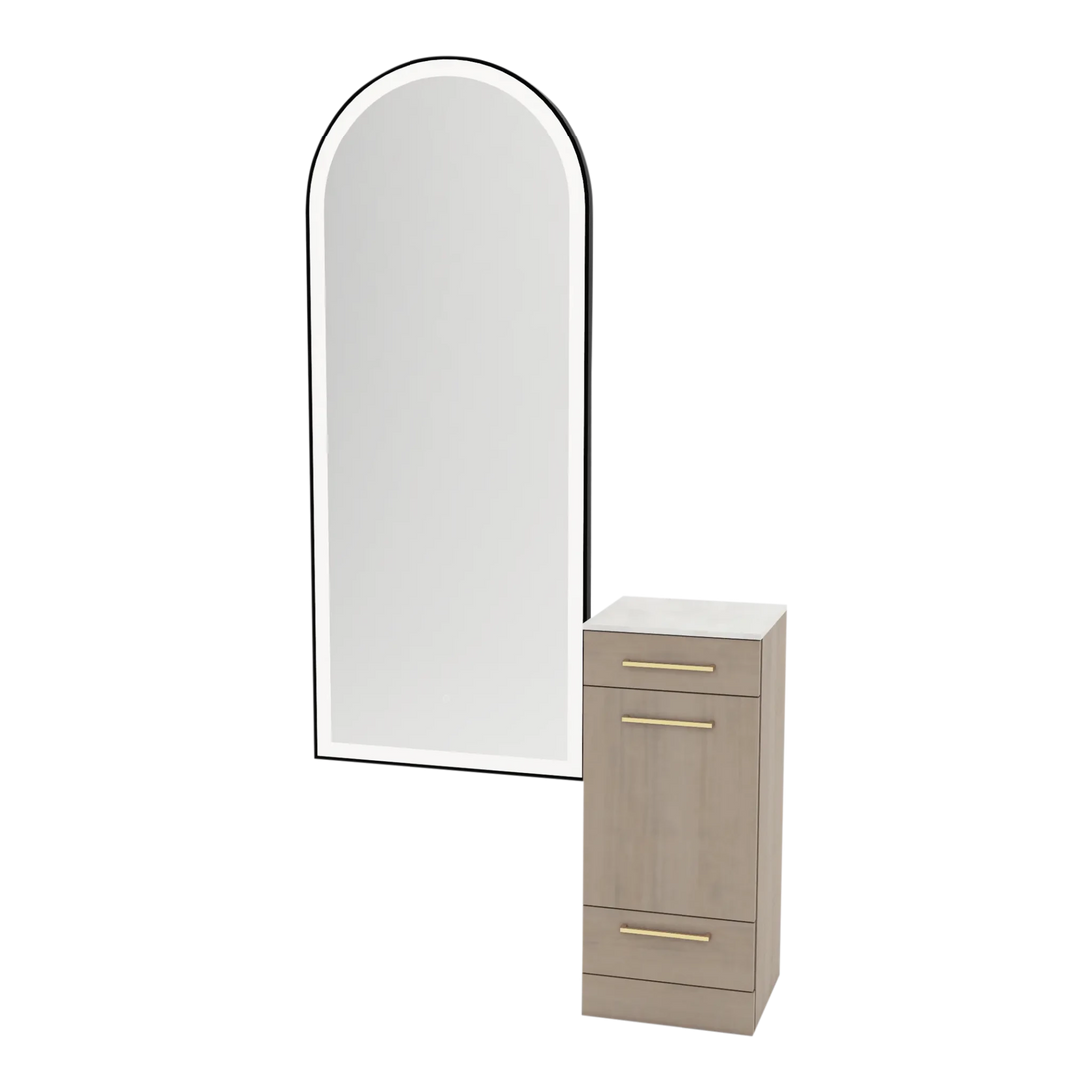 Rococo Mobile Styling Station with Tilt-out Appliance Holder, Solid Surface Countertop, and Black Full-Length Arch Paloma Mirror - Kaemark