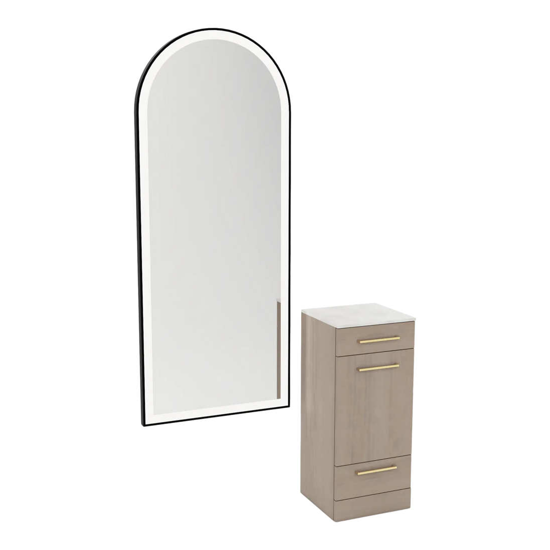 Rococo Mobile Styling Station with Tilt-out Appliance Holder, Solid Surface Countertop, and Black Full-Length Arch Paloma Mirror - Kaemark
